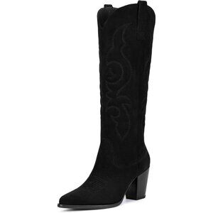 Women's Black Suede Western Knee High Side Zipper Pointed Toe Block Heel Boots